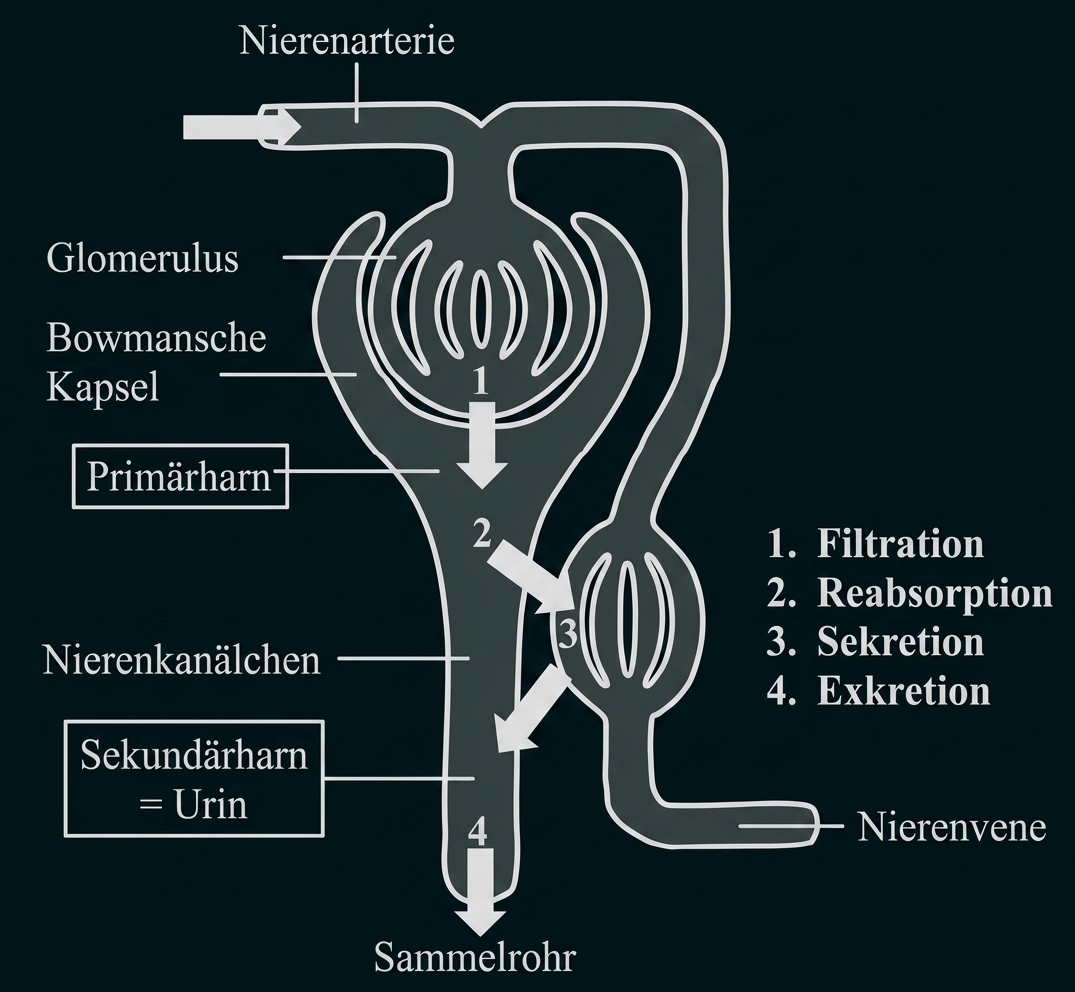 Nephron-Schema: Glomerulus mit Bowman-Kapsel, Nierentubulus und Sammelrohr mit Filtration, Reabsorption, Sekretion, Exkretion.